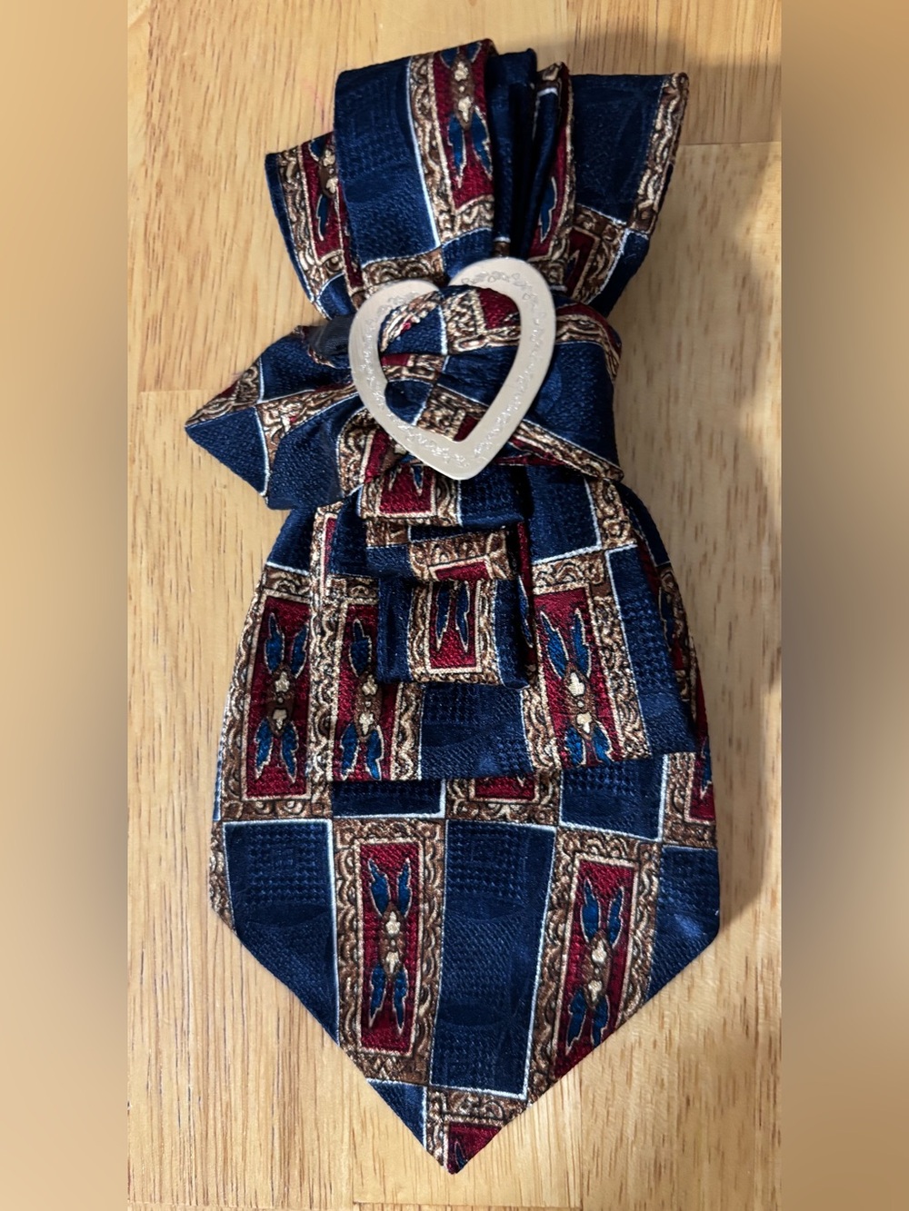 Navy & Burgundy Patterned Necktie Necklace with Heart Accent